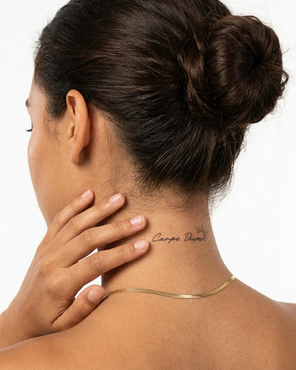 INKY Carpe Diem Su semi-permanent tattoo applied on a woman – 2 x 2 in (4x4 cm) design, realistic ink look, lasts 10 days