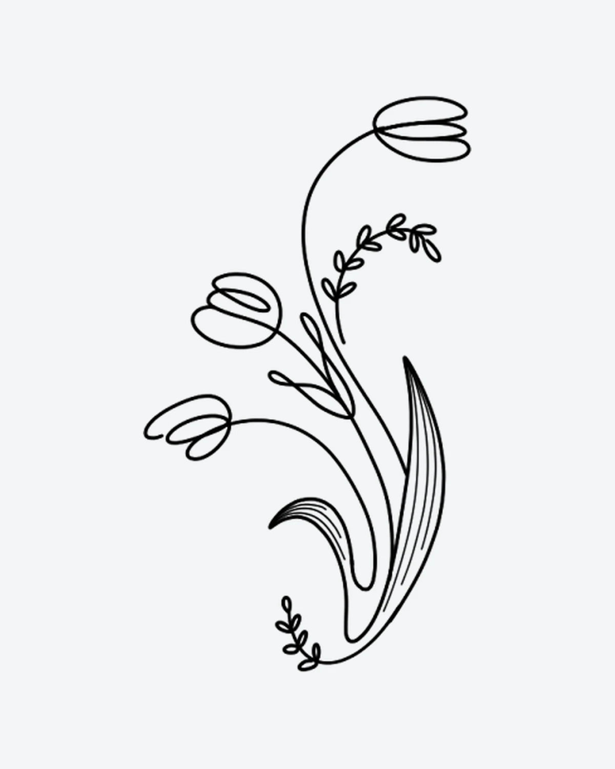 Spring Buds semi-permanent tattoo design by INKY – Fine Line, Flower, Leaves, Bud illustration, 2 x 4 in (6x10 cm), available at inkytatt.com