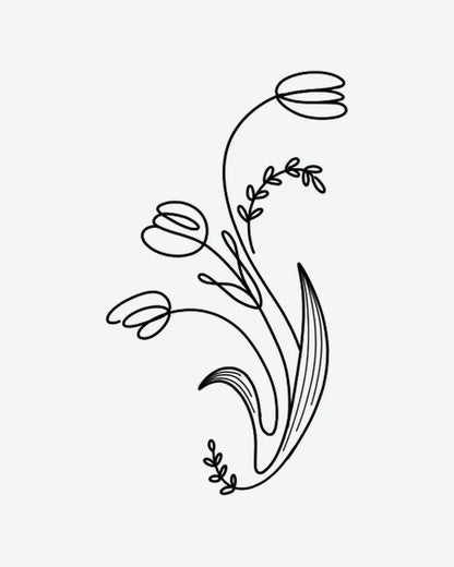 Spring Buds semi-permanent tattoo design by INKY – Fine Line, Flower, Leaves, Bud illustration, 2 x 4 in (6x10 cm), available at inkytatt.com