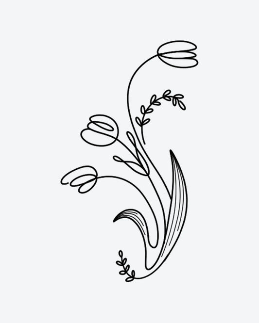 Spring Buds semi-permanent tattoo design by INKY – Fine Line, Flower, Leaves, Bud illustration, 2 x 4 in (6x10 cm), available at inkytatt.com