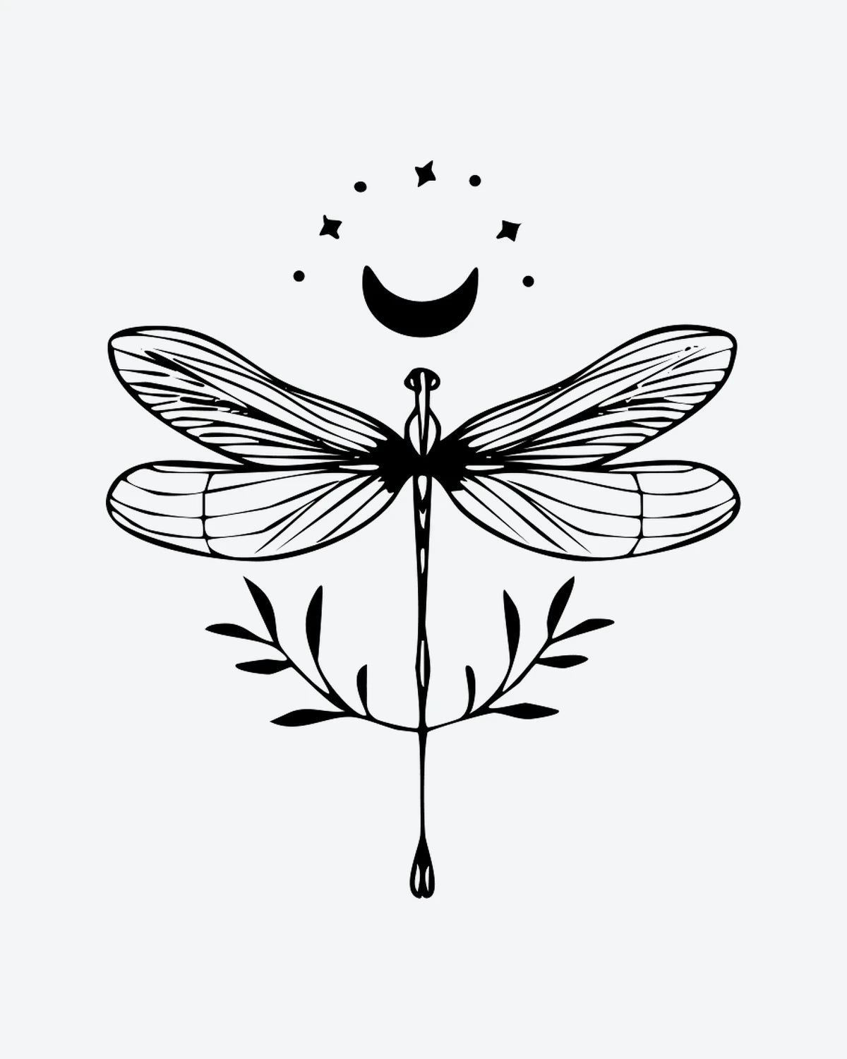 Moon Dragonfl semi-permanent tattoo design by INKY – Crescent Moon, Fine Line, Dragonfly, Star, Heart illustration, 3 x 3 in (7x7 cm), available at inkytatt.com