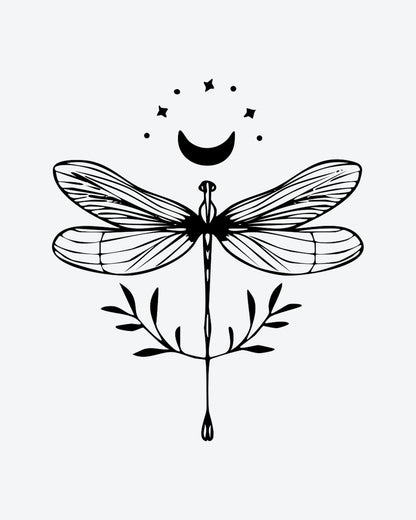 Moon Dragonfl semi-permanent tattoo design by INKY – Crescent Moon, Fine Line, Dragonfly, Star, Heart illustration, 3 x 3 in (7x7 cm), available at inkytatt.com