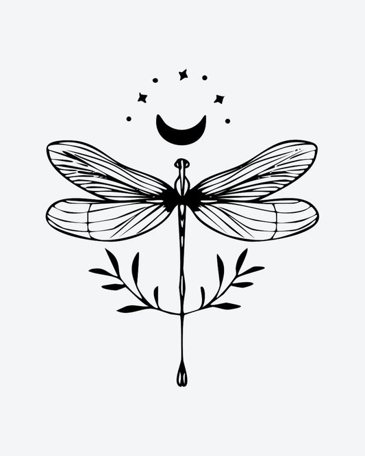 Moon Dragonfl semi-permanent tattoo design by INKY – Crescent Moon, Fine Line, Dragonfly, Star, Heart illustration, 3 x 3 in (7x7 cm), available at inkytatt.com