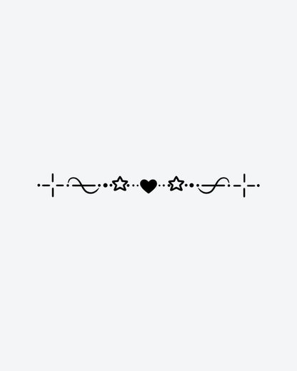 Sweet Divider semi-permanent tattoo design by INKY – Fine Line, Star, Heart, Cross, Dots illustration, 2 x 2 in (4x4 cm), available at inkytatt.com