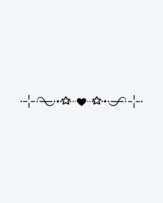 Sweet Divider semi-permanent tattoo design by INKY – Fine Line, Star, Heart, Cross, Dots illustration, 2 x 2 in (4x4 cm), available at inkytatt.com