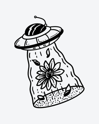 UFO Flower 2 semi-permanent tattoo design by INKY – Flower, Leaves, Dotwork, Petal illustration, 2 x 4 in (6x10 cm), available at inkytatt.com