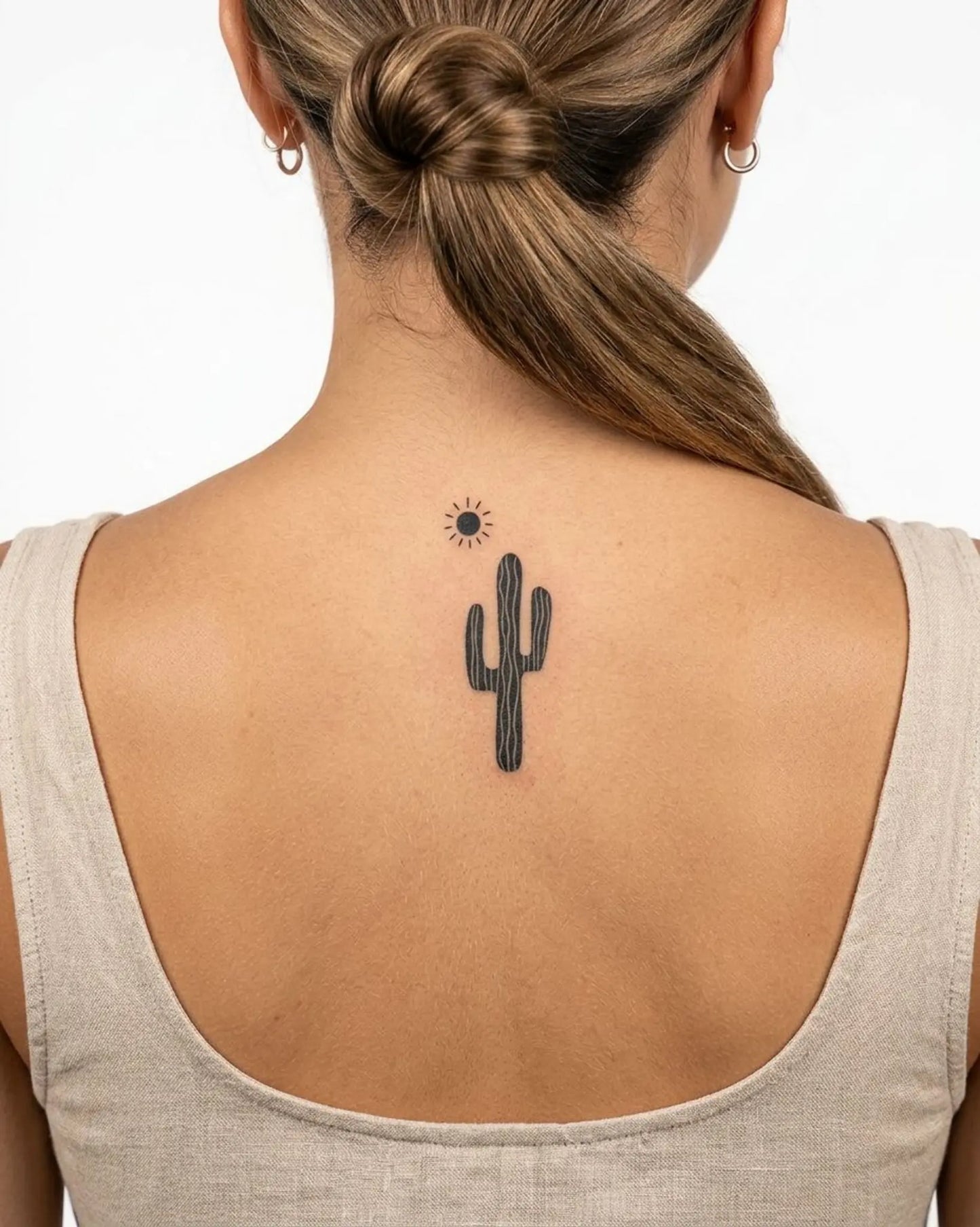 INKY Cactus Sun semi-permanent tattoo applied on a woman – 2 x 4 in (6x10 cm) design, realistic ink look, lasts 10 days