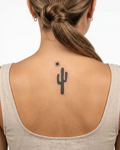 INKY Cactus Sun semi-permanent tattoo applied on a woman – 2 x 4 in (6x10 cm) design, realistic ink look, lasts 10 days