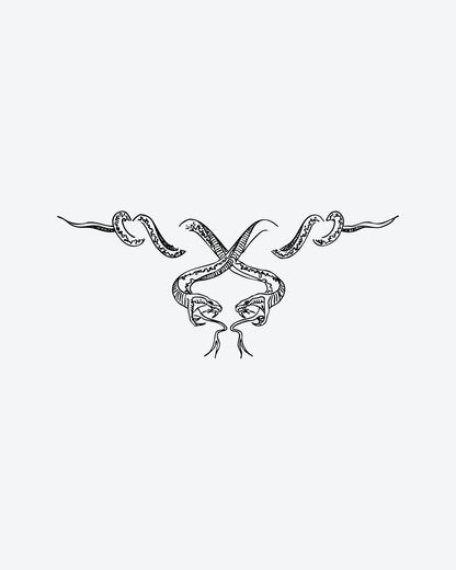 Snake Embrace semi-permanent tattoo design by INKY – Fine Line, Pattern illustration, 4 x 8 in (11x20 cm), available at inkytatt.com