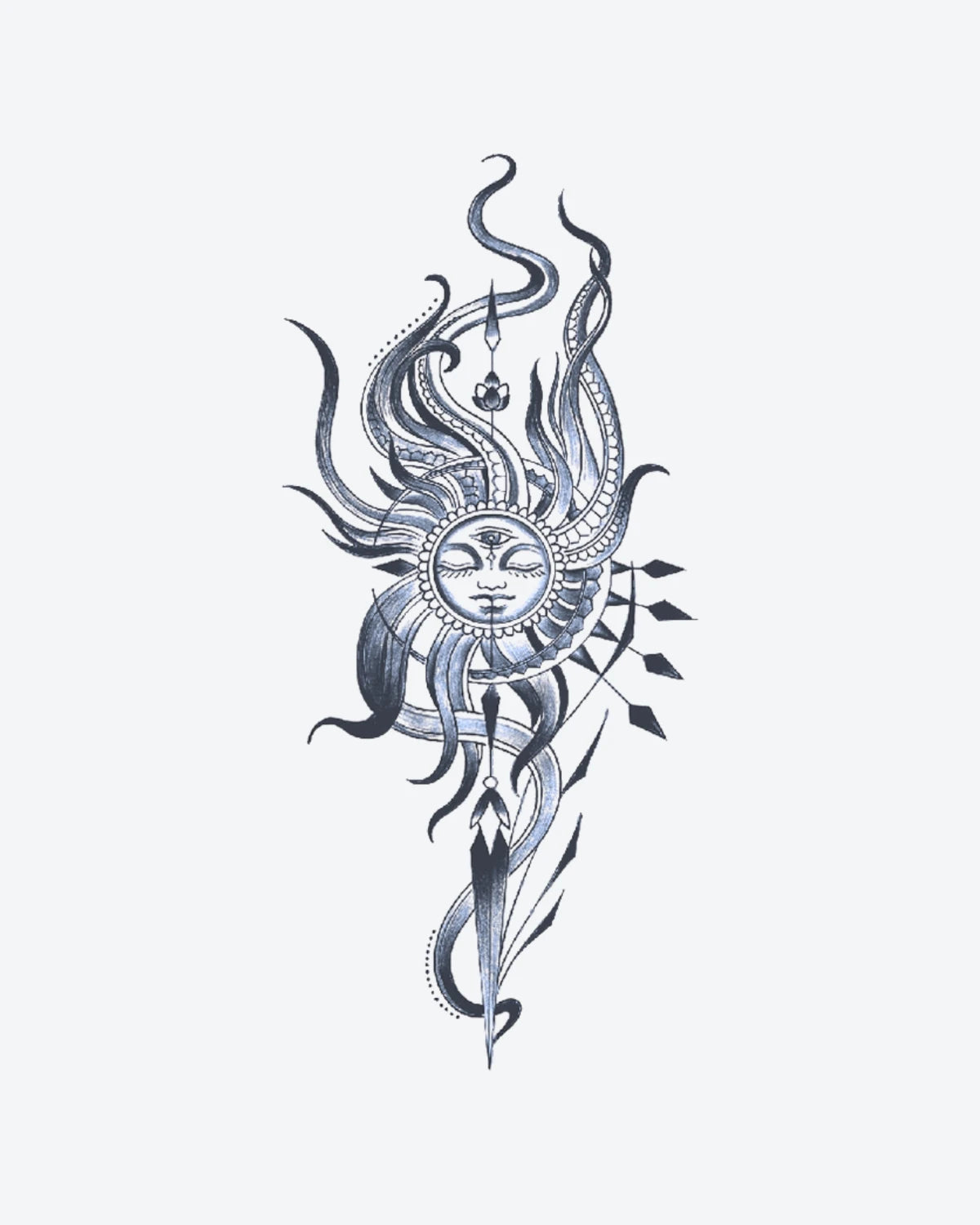 Mystic Sun semi-permanent tattoo design by INKY – Sun, Eye, Dagger, Flame, Geometric illustration, 4 x 7 in (10x17 cm), available at inkytatt.com