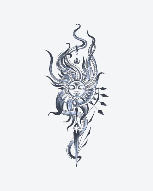 Mystic Sun semi-permanent tattoo design by INKY – Sun, Eye, Dagger, Flame, Geometric illustration, 4 x 7 in (10x17 cm), available at inkytatt.com