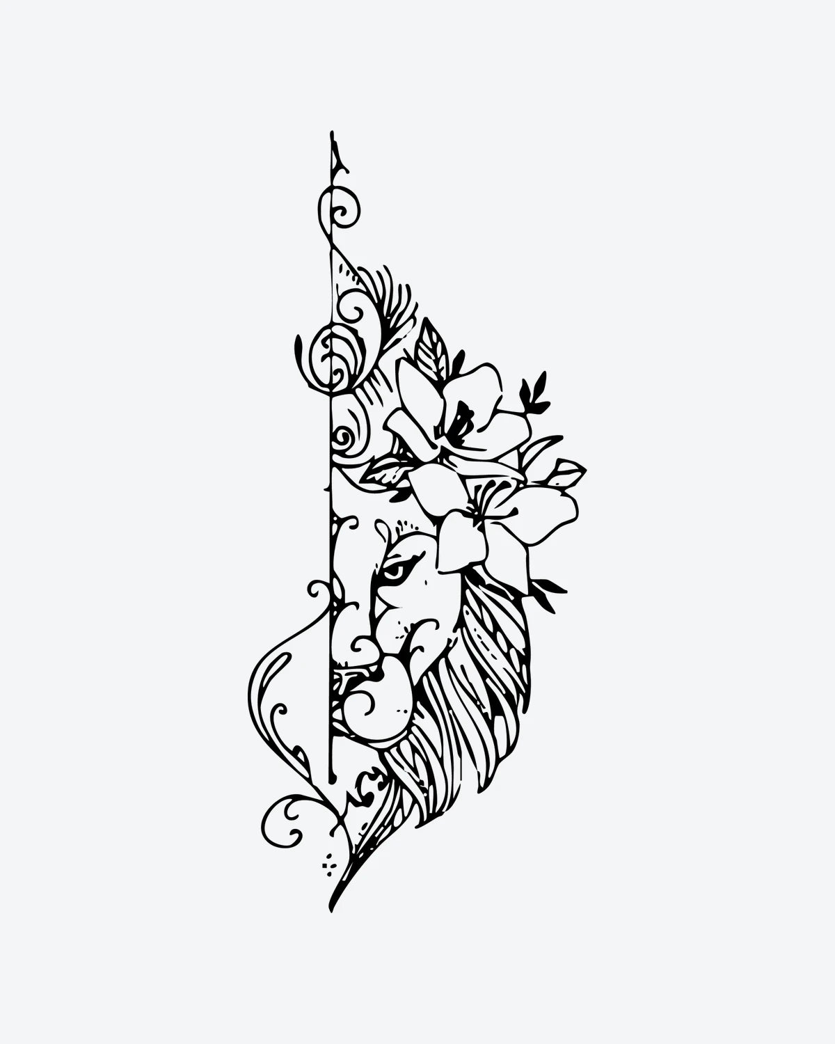Regal Bloom semi-permanent tattoo design by INKY – Fine Line, Leaves, Lion, Scroll illustration, 2 x 4 in (6x10 cm), available at inkytatt.com