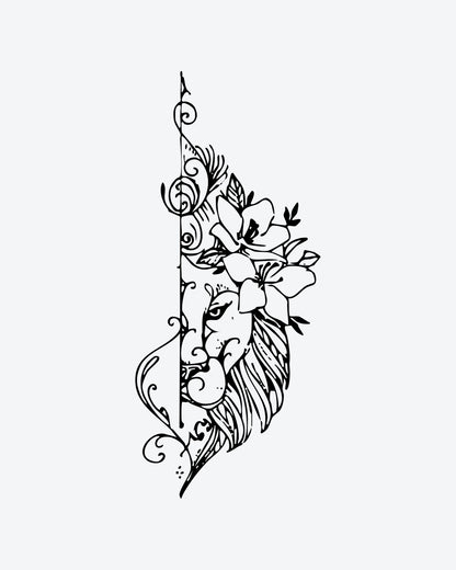 Regal Bloom semi-permanent tattoo design by INKY – Fine Line, Leaves, Lion, Scroll illustration, 2 x 4 in (6x10 cm), available at inkytatt.com