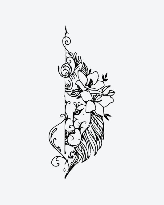 Regal Bloom semi-permanent tattoo design by INKY – Fine Line, Leaves, Lion, Scroll illustration, 2 x 4 in (6x10 cm), available at inkytatt.com