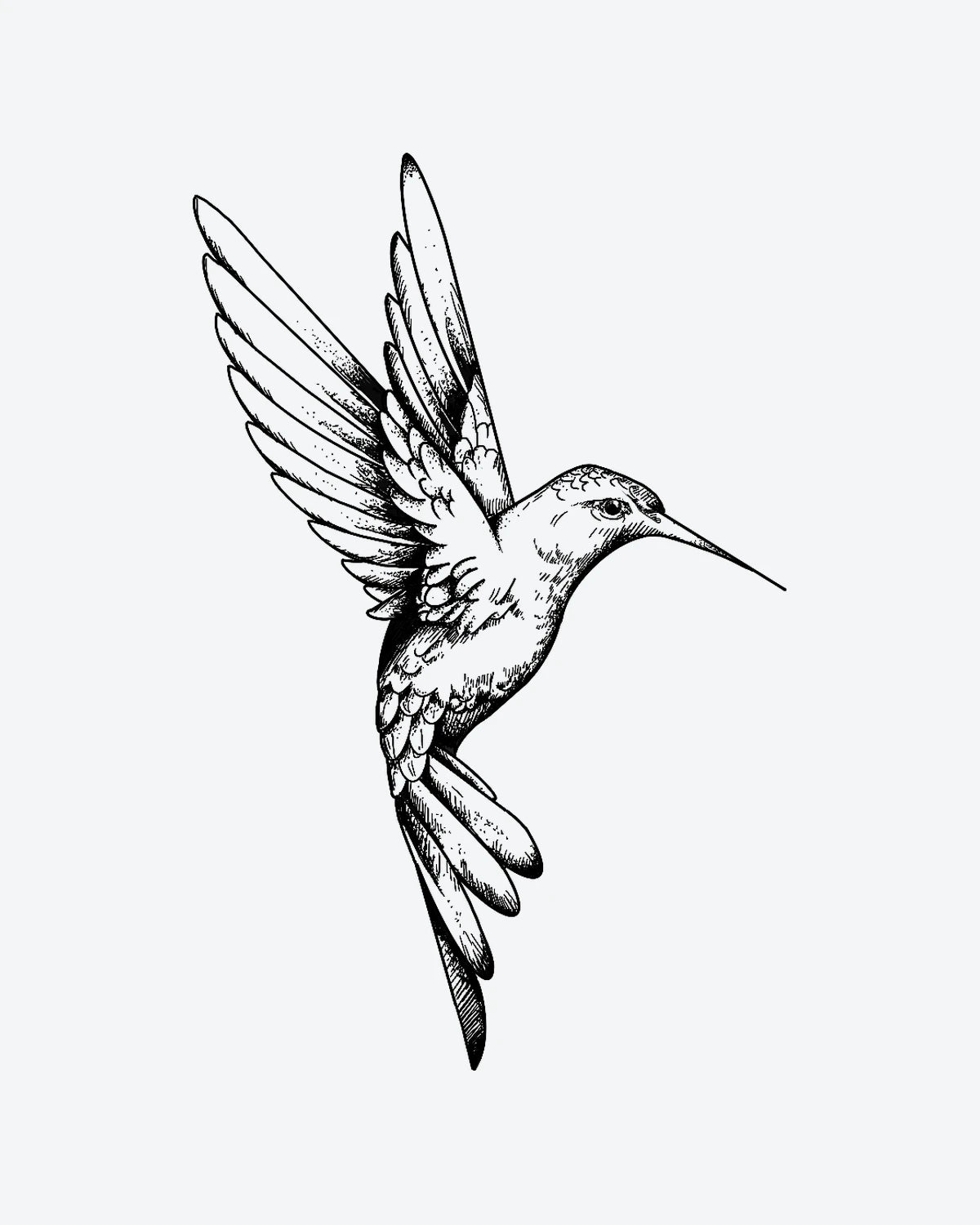 Hummingbird 3 semi-permanent tattoo design by INKY – Fine Line, Wings, Dotwork, Hummingbird illustration, 2 x 2 in (4x4 cm), available at inkytatt.com