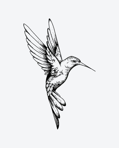 Hummingbird 3 semi-permanent tattoo design by INKY – Fine Line, Wings, Dotwork, Hummingbird illustration, 2 x 2 in (4x4 cm), available at inkytatt.com