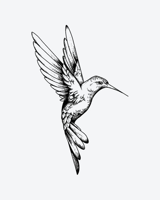 Hummingbird 3 semi-permanent tattoo design by INKY – Fine Line, Wings, Dotwork, Hummingbird illustration, 2 x 2 in (4x4 cm), available at inkytatt.com