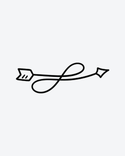 Infinity Arro semi-permanent tattoo design by INKY – Infinity Symbol, Fine Line, Arrow, Diamond, Hand illustration, 0.5 x 0.5 in (1x1 cm), available at inkytatt.com