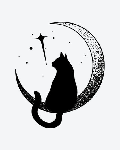 Moon Cat semi-permanent tattoo design by INKY – Crescent Moon, Fine Line, Cat, Star, Dotwork illustration, 3 x 3 in (7x7 cm), available at inkytatt.com