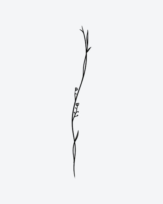 Delicate Vine semi-permanent tattoo design by INKY – Fine Line, Leaves, Vine, Stem illustration, 4 x 7 in (10x17 cm), available at inkytatt.com