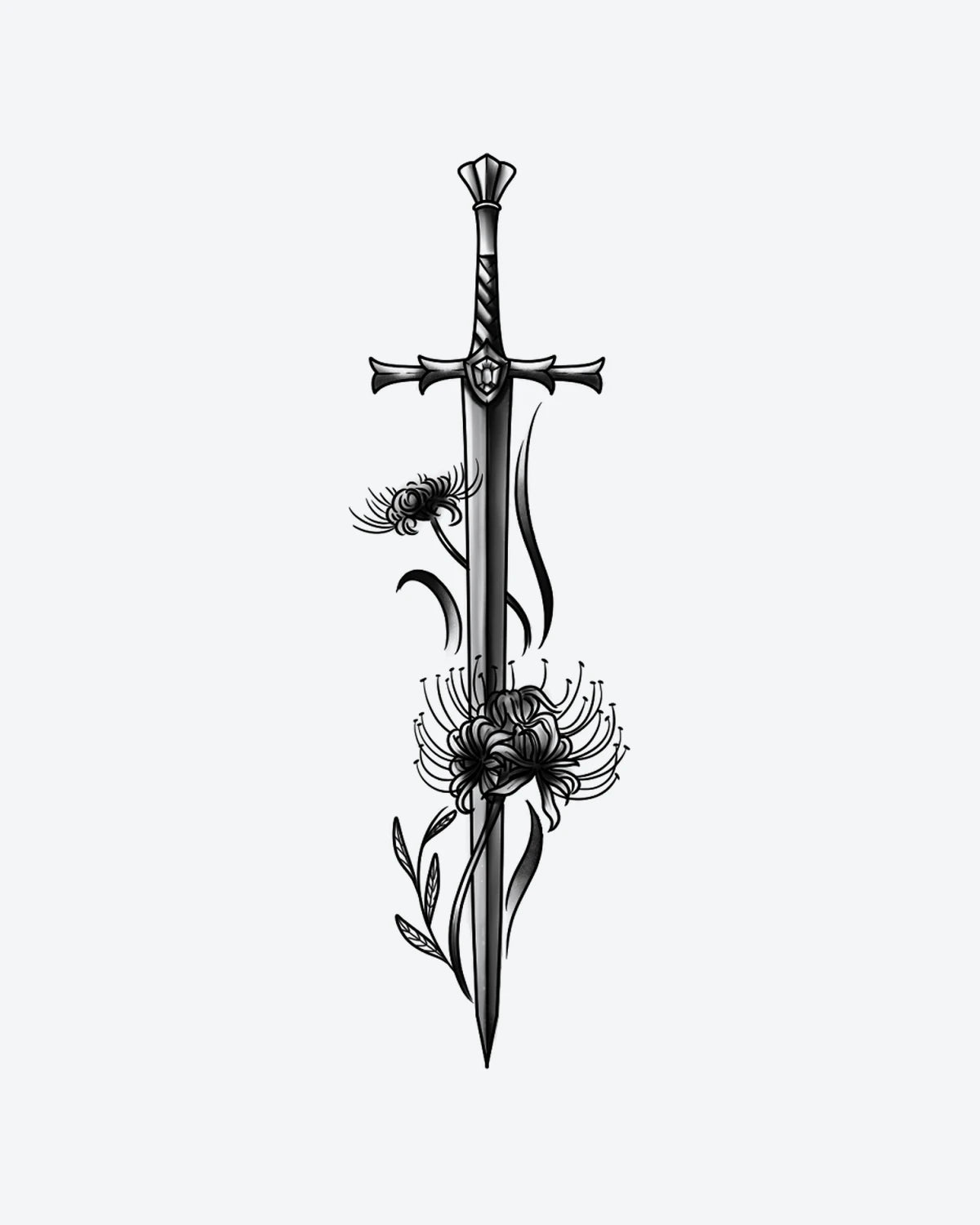 Lily Blade semi-permanent tattoo design by INKY – Fine Line, Leaves, Spider, Sword illustration, 4 x 7 in (10x17 cm), available at inkytatt.com
