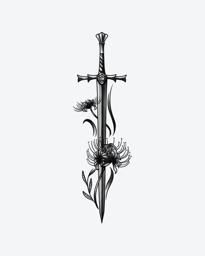 Lily Blade semi-permanent tattoo design by INKY – Fine Line, Leaves, Spider, Sword illustration, 4 x 7 in (10x17 cm), available at inkytatt.com