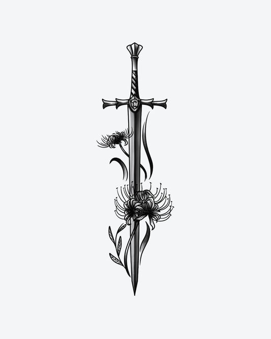 Lily Blade semi-permanent tattoo design by INKY – Fine Line, Leaves, Spider, Sword illustration, 4 x 7 in (10x17 cm), available at inkytatt.com