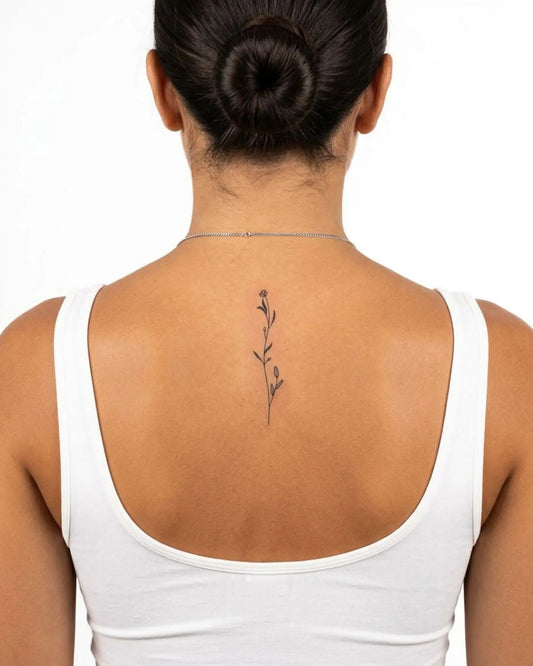 INKY Slender stem semi-permanent tattoo applied on a woman – 2 x 4 in (6x10 cm) design, realistic ink look, lasts 10 days
