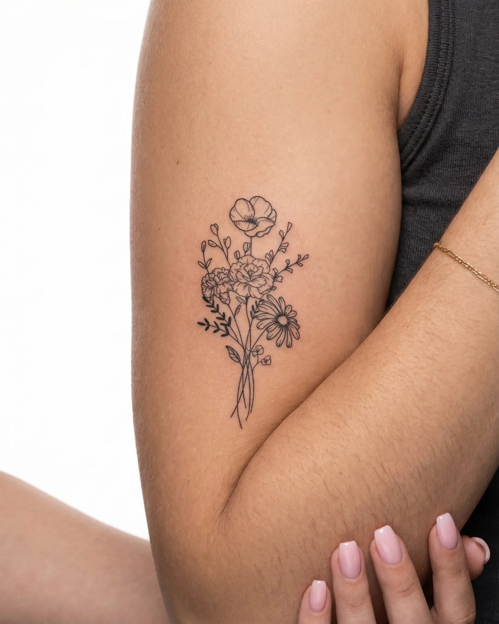 INKY Floral Bloom semi-permanent tattoo applied on a woman – 2 x 4 in (6x10 cm) design, realistic ink look, lasts 10 days