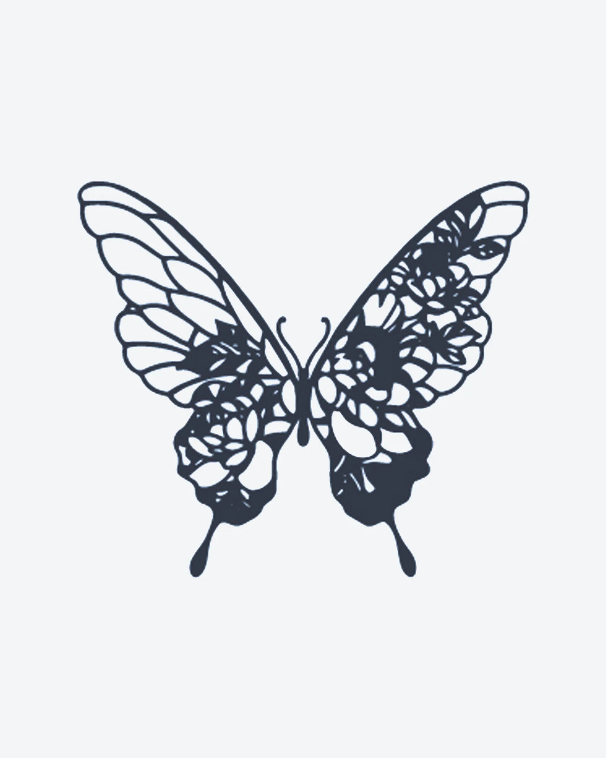 Lace Butterfl semi-permanent tattoo design by INKY – Fine Line, Butterfly illustration, 2 x 2 in (4x4 cm), available at inkytatt.com