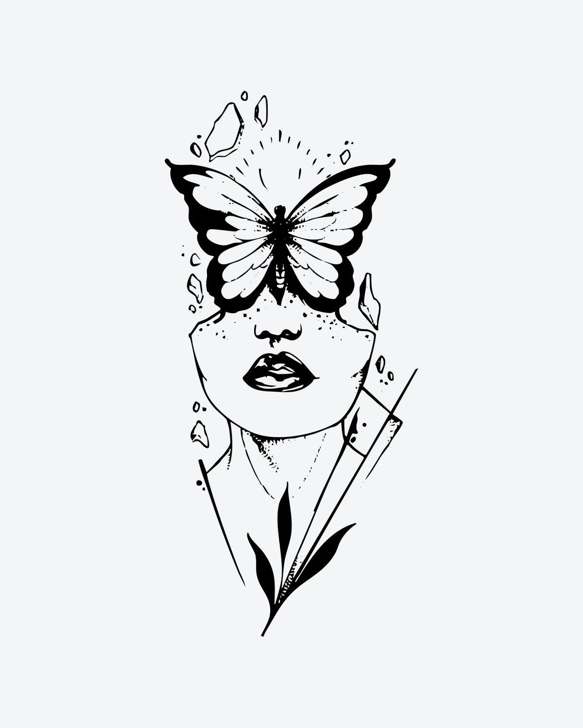 Metamorphosis semi-permanent tattoo design by INKY – Fine Line, Leaves, Butterfly, Eye, Geometric illustration, 4 x 7 in (10x17 cm), available at inkytatt.com