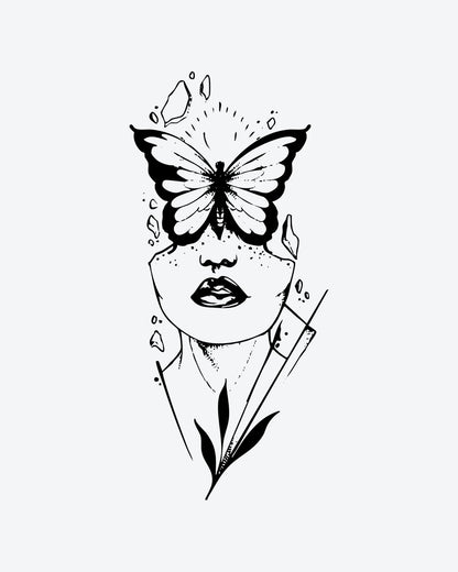 Metamorphosis semi-permanent tattoo design by INKY – Fine Line, Leaves, Butterfly, Eye, Geometric illustration, 4 x 7 in (10x17 cm), available at inkytatt.com