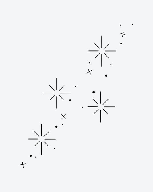 Stardust semi-permanent tattoo design by INKY – Fine Line, Starburst, Geometric, Dots, Lines illustration, 2 x 4 in (6x10 cm), available at inkytatt.com