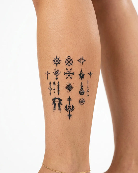INKY Mystic Symbol semi-permanent tattoo applied on a woman – 3 x 3 in (7x7 cm) design, realistic ink look, lasts 10 days