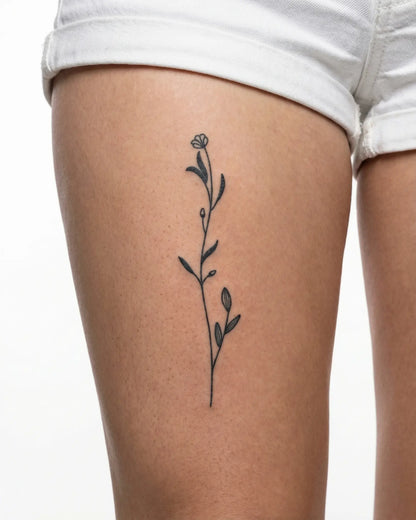 INKY Floral Sprig 2 semi-permanent tattoo applied on a woman – 4 x 8 in (11x20 cm) design, realistic ink look, lasts 10 days