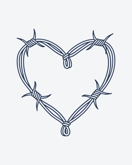 Barbed Heart semi-permanent tattoo design by INKY – Fine Line, Heart illustration, 2 x 2 in (4x4 cm), available at inkytatt.com