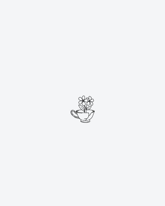 Broken Bloom semi-permanent tattoo design by INKY – Fine Line, Flower, Leaves, Dotwork, Petal illustration, 0.5 x 0.5 in (1x1 cm), available at inkytatt.com