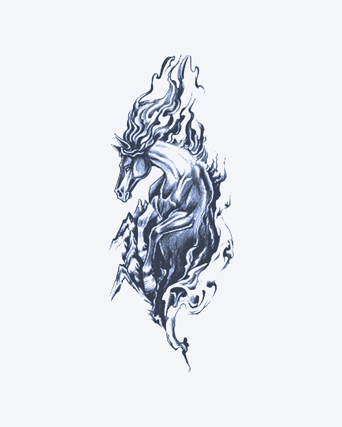 Fire Horse semi-permanent tattoo design by INKY – Horse illustration, 2 x 4 in (6x10 cm), available at inkytatt.com
