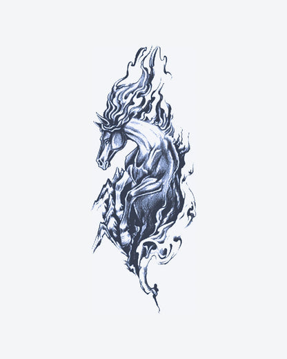 Fire Horse semi-permanent tattoo design by INKY – Horse illustration, 2 x 4 in (6x10 cm), available at inkytatt.com
