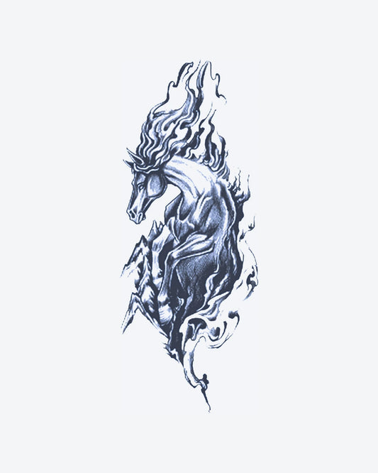 Fire Horse semi-permanent tattoo design by INKY – Horse illustration, 2 x 4 in (6x10 cm), available at inkytatt.com