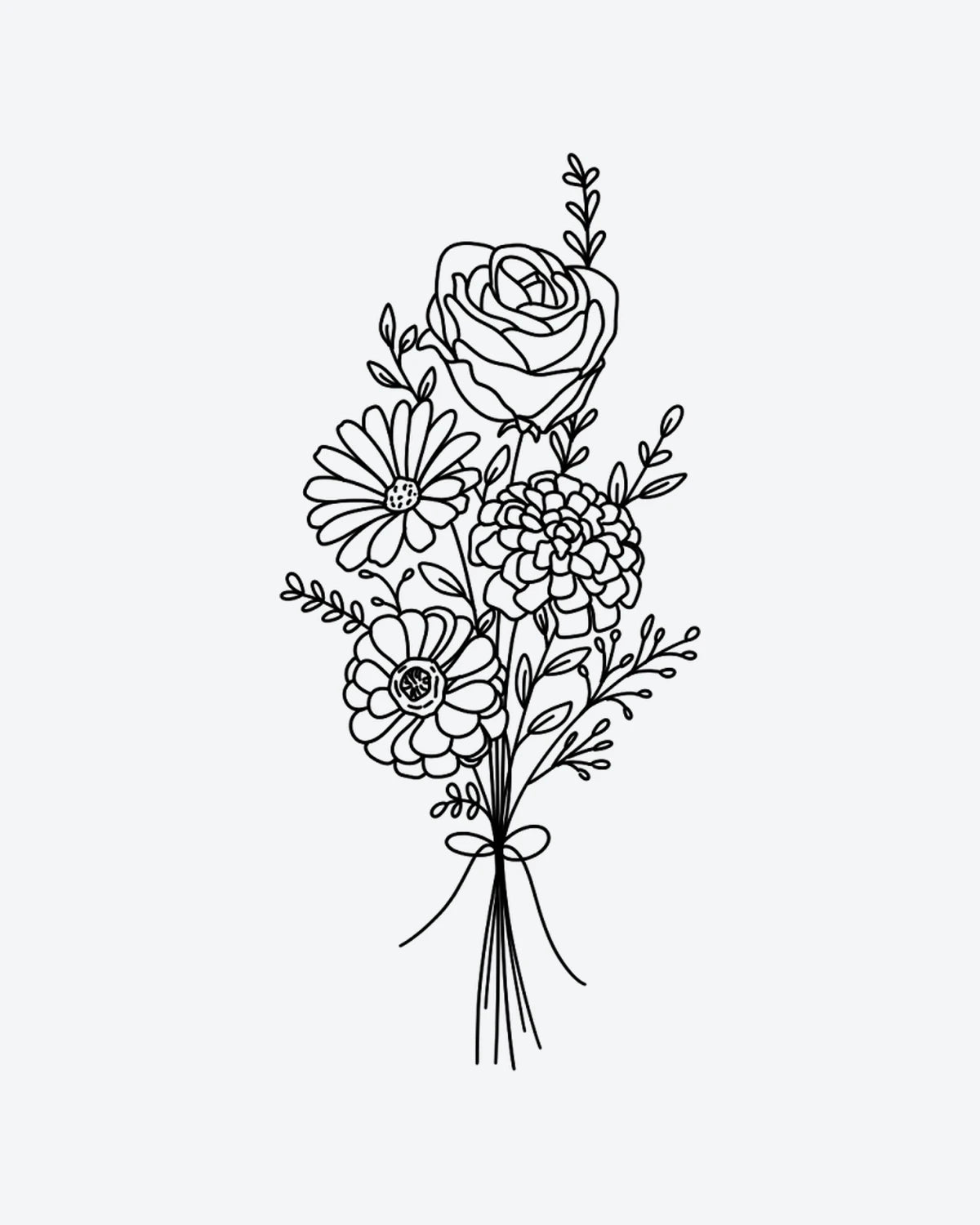 Floral semi-permanent tattoo design by INKY – Fine Line, Flower, Rose, Leaves, Daisy illustration, 2 x 4 in (6x10 cm), available at inkytatt.com