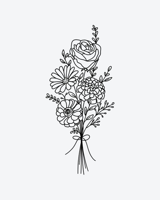 Floral semi-permanent tattoo design by INKY – Fine Line, Flower, Rose, Leaves, Daisy illustration, 2 x 4 in (6x10 cm), available at inkytatt.com
