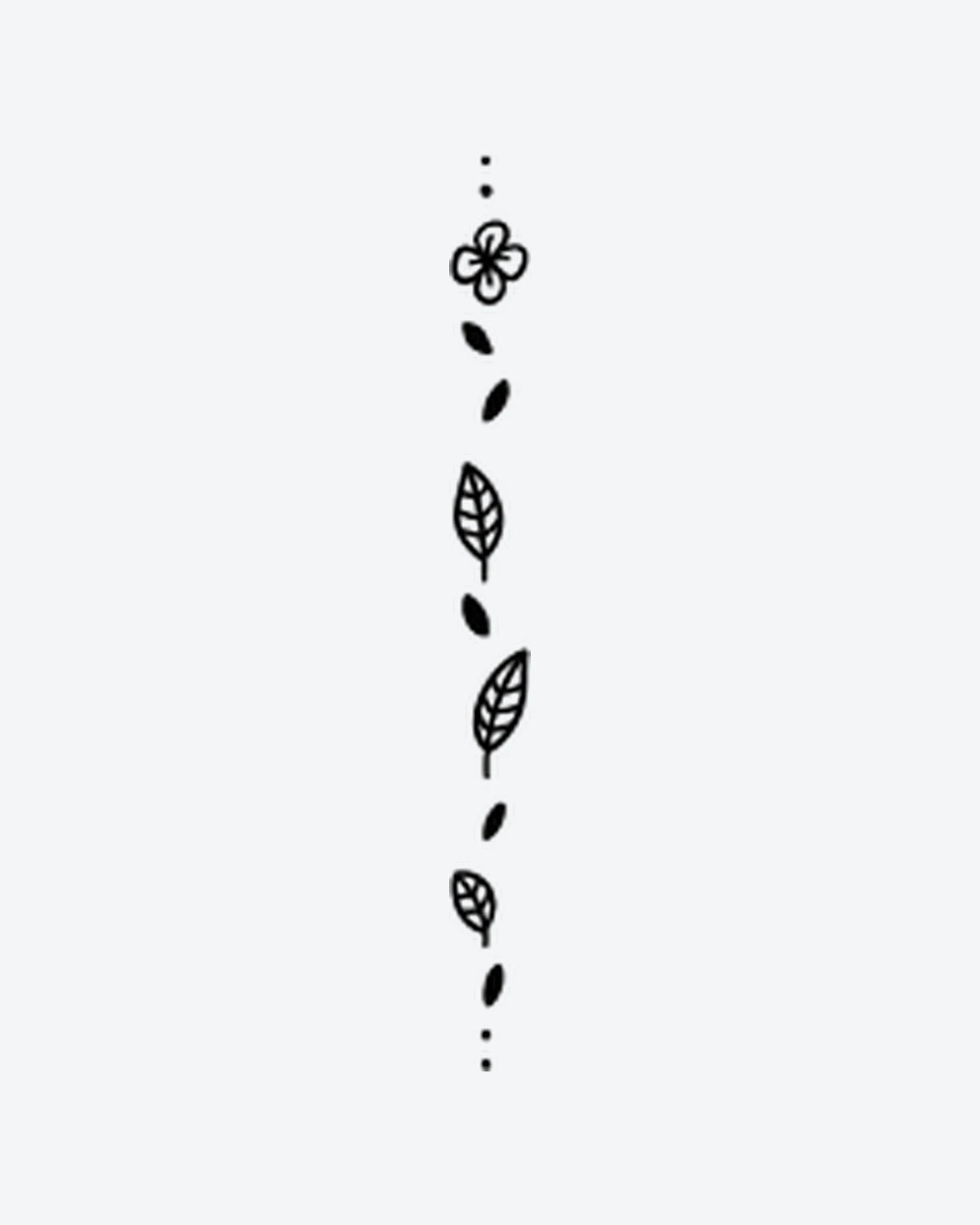 Flora Path semi-permanent tattoo design by INKY – Fine Line, Flower, Leaves, Dots, Petal illustration, 2 x 4 in (6x10 cm), available at inkytatt.com