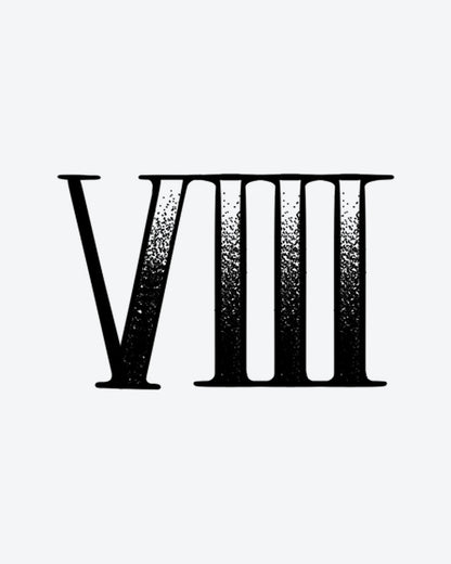 Roman 8 semi-permanent tattoo design by INKY – Roman Numeral, Dotwork illustration, 0.5 x 0.5 in (1x1 cm), available at inkytatt.com