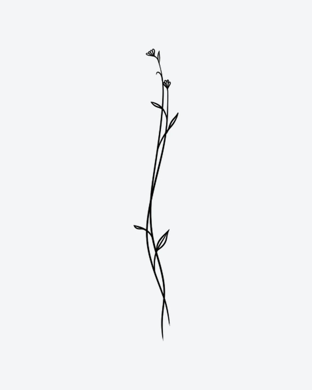 Slim Bloom semi-permanent tattoo design by INKY – Fine Line, Leaves, Blossom, Stem illustration, 2 x 4 in (6x10 cm), available at inkytatt.com