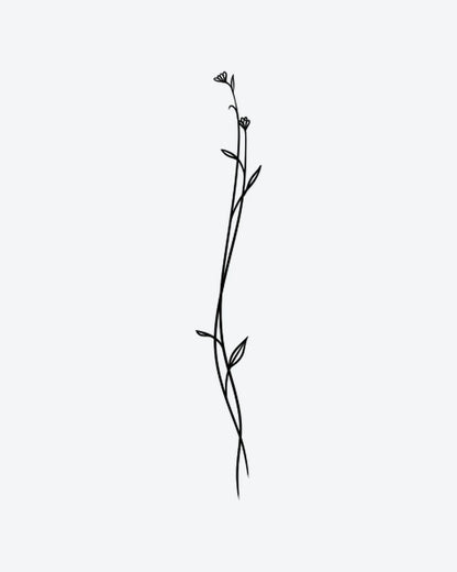 Slim Bloom semi-permanent tattoo design by INKY – Fine Line, Leaves, Blossom, Stem illustration, 2 x 4 in (6x10 cm), available at inkytatt.com