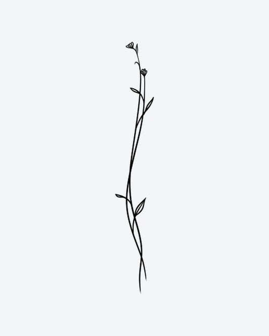 Slim Bloom semi-permanent tattoo design by INKY – Fine Line, Leaves, Blossom, Stem illustration, 2 x 4 in (6x10 cm), available at inkytatt.com