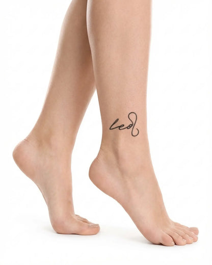 INKY Leo Zodiac semi-permanent tattoo applied on a woman – 2 x 2 in (4x4 cm) design, realistic ink look, lasts 10 days