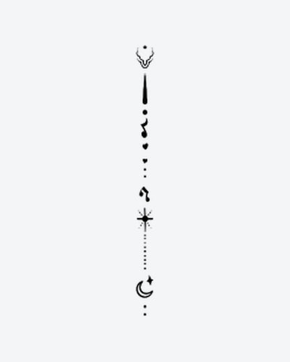 Cosmic Flow 2 semi-permanent tattoo design by INKY – Crescent Moon, Fine Line, Star, Heart, Crown illustration, 4 x 7 in (10x17 cm), available at inkytatt.com
