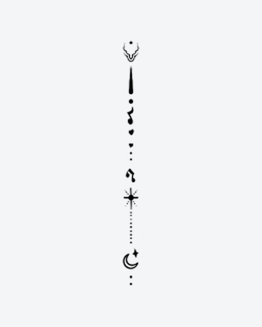 Cosmic Flow 2 semi-permanent tattoo design by INKY – Crescent Moon, Fine Line, Star, Heart, Crown illustration, 4 x 7 in (10x17 cm), available at inkytatt.com